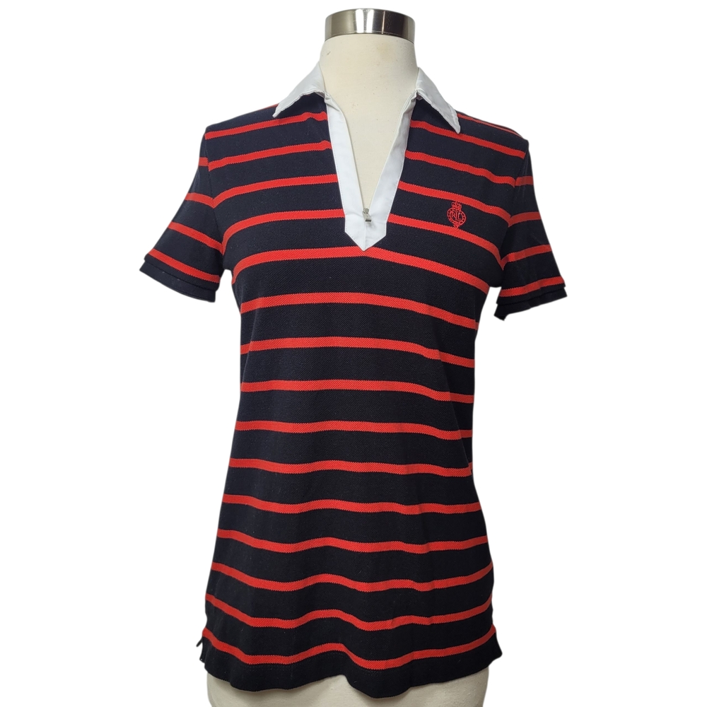 Lauren Ralph Lauren Women's Black and Red Preppy Collared Striped Top XS Petite
